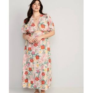 Old Navy Linen Blend Twist Front Key Hole Maxi Midi Dress Pink Red Floral XL